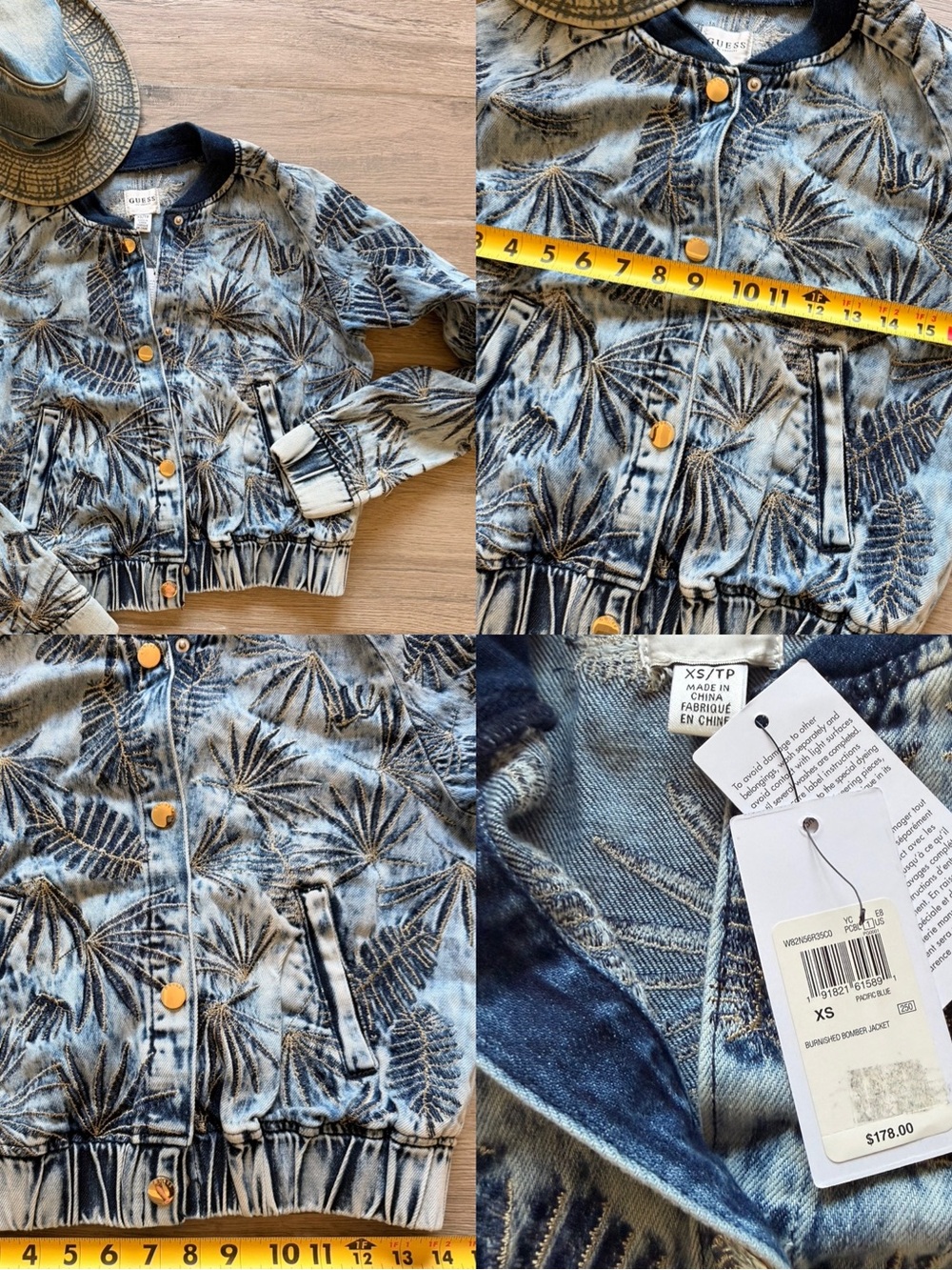 NWT Guess Acid-Wash Palm Print Denim Bomber Jacket sz XS S 2 4